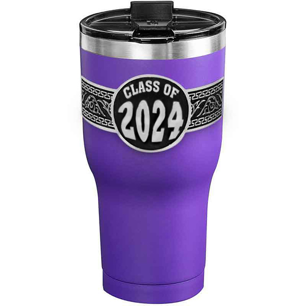 A customized tumbler made of stainless steel with a personalized engraved Class of 2024 lettering, 30 oz, ideal for coffee or cool drinks